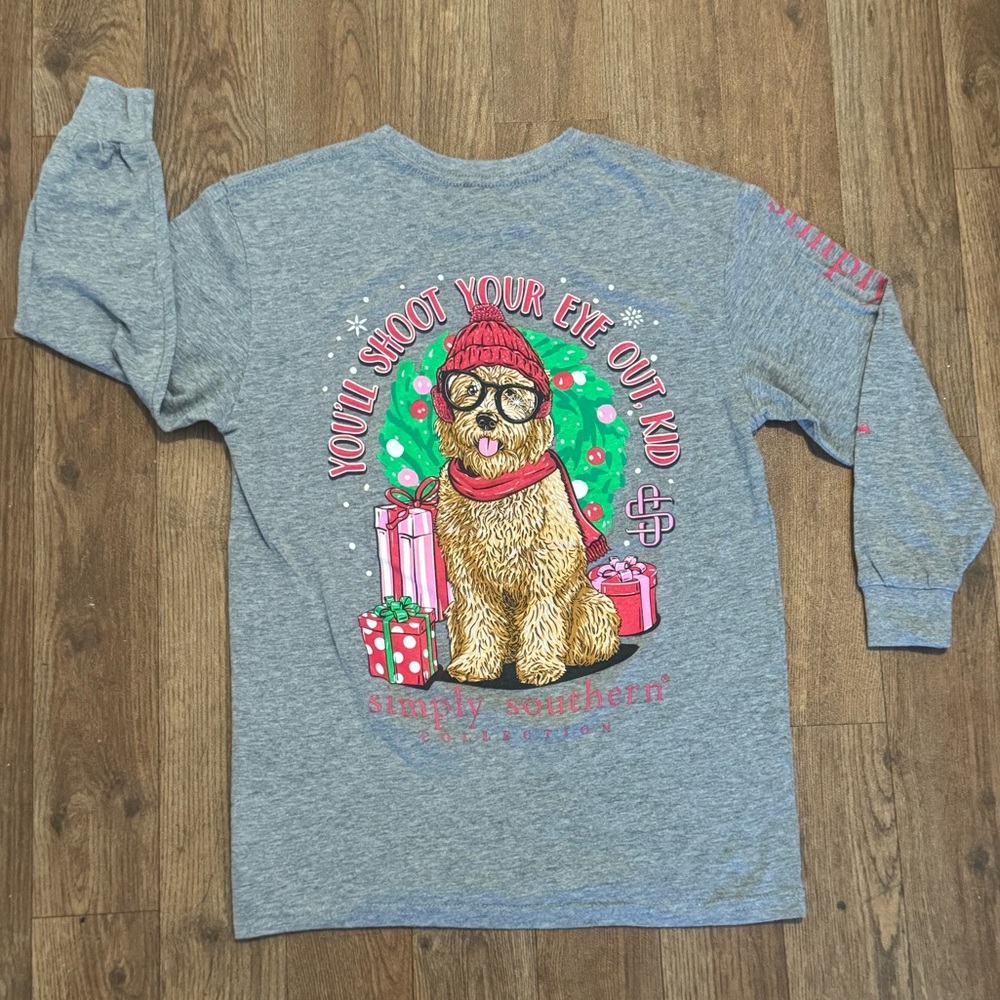 Simply Southern Youth Girls Long Sleeve T-shirt Tee Shirt Christmas Dog YS Small